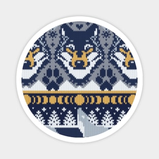 Fair isle knitting grey wolf // pattern // navy blue and grey wolves yellow moons and pine trees Magnet